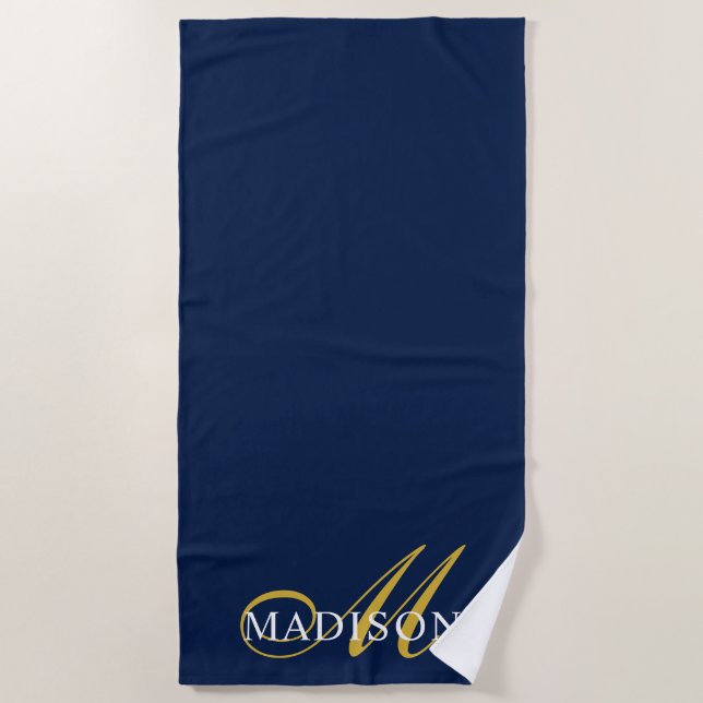 Gold Navy Blue Monogrammed  Beach Towel (Front)