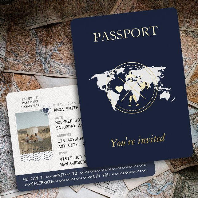 Gold & Navy Blue Passport Unique Wedding Photo Foil Invitation (Gold Foil & Navy Blue Wedding Passport)