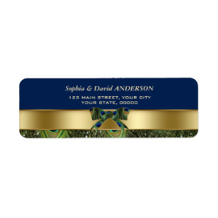 Gold Navy Blue Peacock Feathers Wedding Address Label
