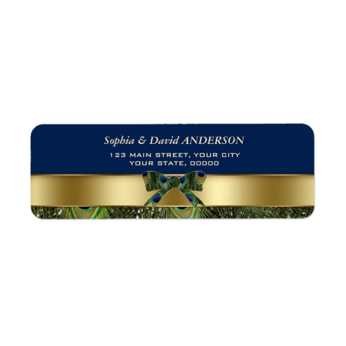 Gold Navy Blue Peacock Feathers Wedding Address Label