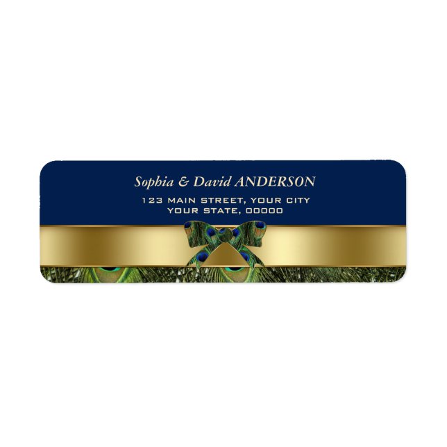 Gold Navy Blue Peacock Feathers Wedding Address Label (Front)