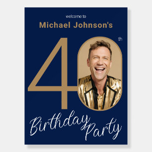 Gold Navy Blue Photo 40th Birthday Welcome Sign