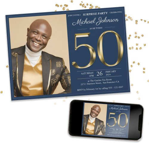 Gold Navy Blue Photo 50th Birthday Surprise Party Invitation