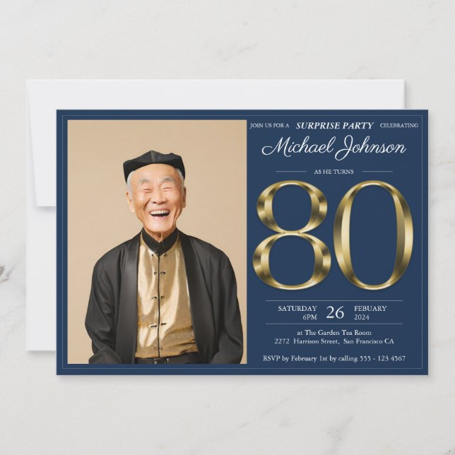 Gold Navy Blue Photo Surprise 80th Birthday Invitation (Front)