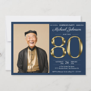 Gold Navy Blue Photo Surprise 80th Birthday Invitation
