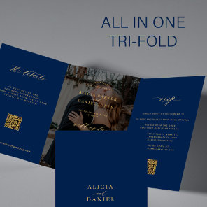 Gold navy blue photo wedding RSVP details QR code Tri-Fold Invitation