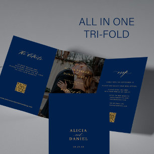 Gold navy blue photo wedding RSVP details QR code Tri-Fold Invitation