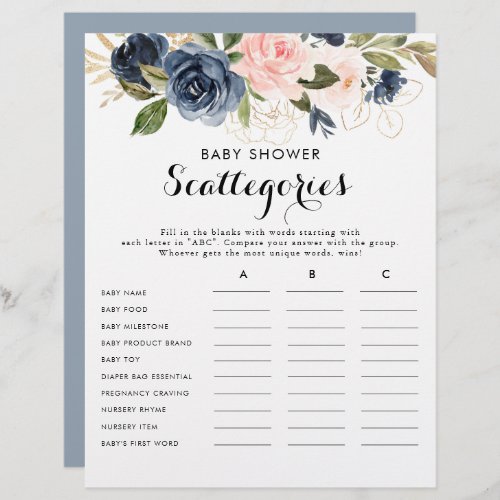 Gold Navy Blue Pink Baby Shower Scattegories Game 