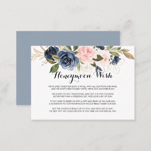 Gold Navy Blue Pink Floral Honeymoon Wish  Enclosure Card