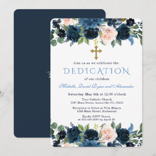 Gold Navy Blue Pink Floral Triplets Dedication Invitation