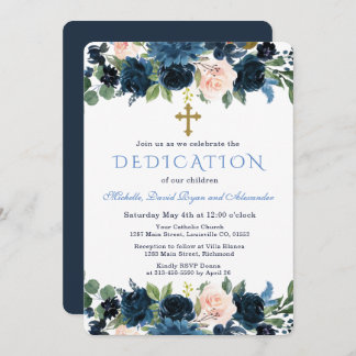 Gold Navy Blue Pink Floral Triplets Dedication Invitation
