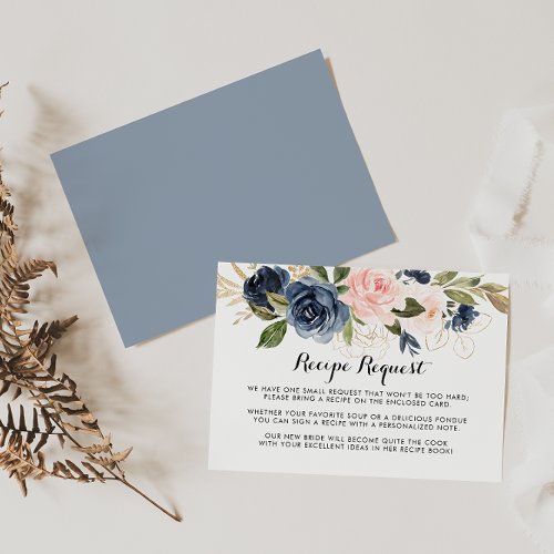 Gold Navy Blue Pink Floral Wedding Recipe Request  Enclosure Card