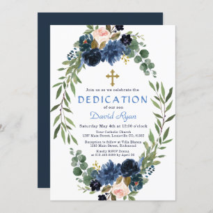 Gold Navy Blue Pink Floral Wreath Dedication Invitation