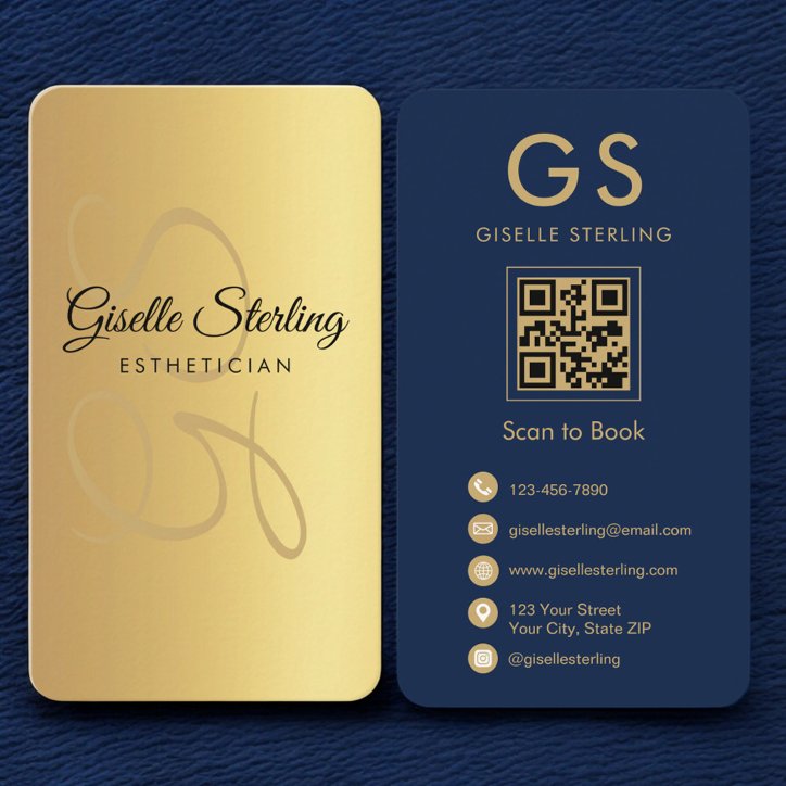Gold Navy Blue QR Code Esthetician Monogram Business Card
