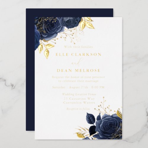 Gold  Navy Blue Roses Wedding Real Golden Foil Invitation