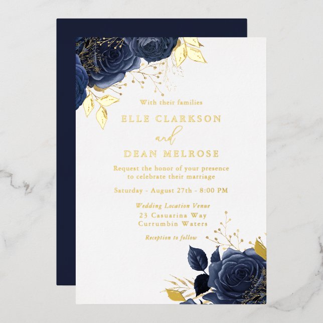 Gold & Navy Blue Roses Wedding Real Golden Foil Invitation (Front/Back)