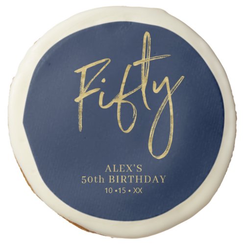 Gold  Navy Blue Script Fifty 50th Birthday Favor Sugar Cookie