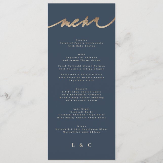 Gold Navy Blue Simple Classic Wedding Menu (Front)