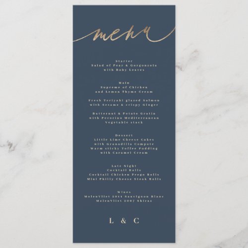 Gold Navy Blue Simple Classic Wedding Menu