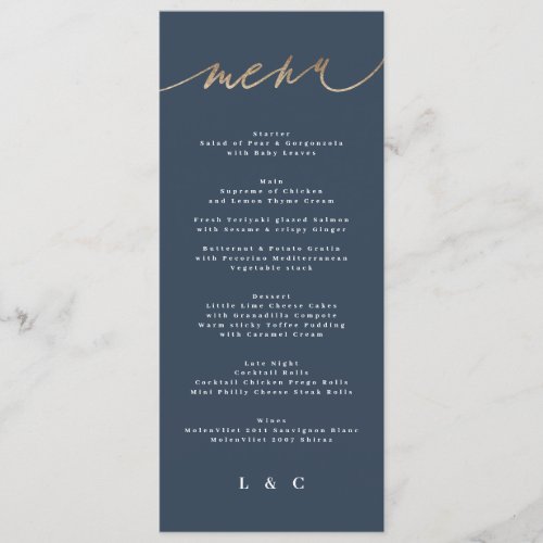 Gold Navy Blue Simple Classic Wedding Menu