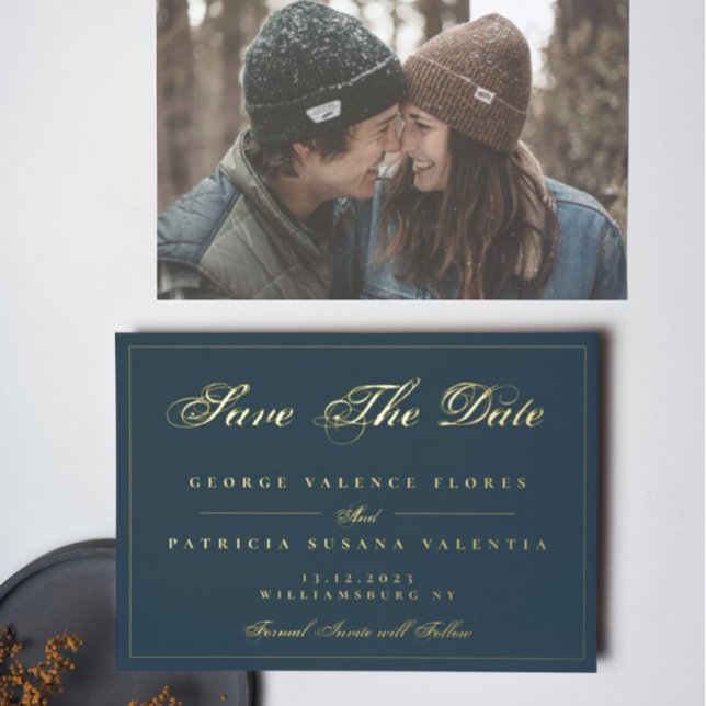 Gold Navy Blue Simple Elegant Photo Save The Date Foil Invitation (Creator Uploaded)