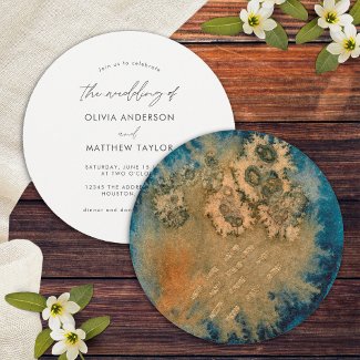 Gold Navy Blue Simple Unique Watercolor Wedding