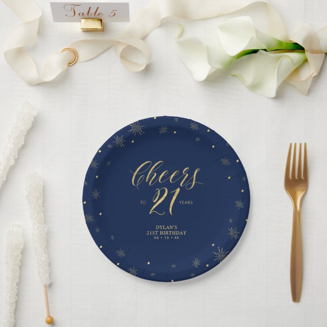 Gold Navy Blue Sparkle Cheers 21st Birthday Party Paper Plates (Wedding)