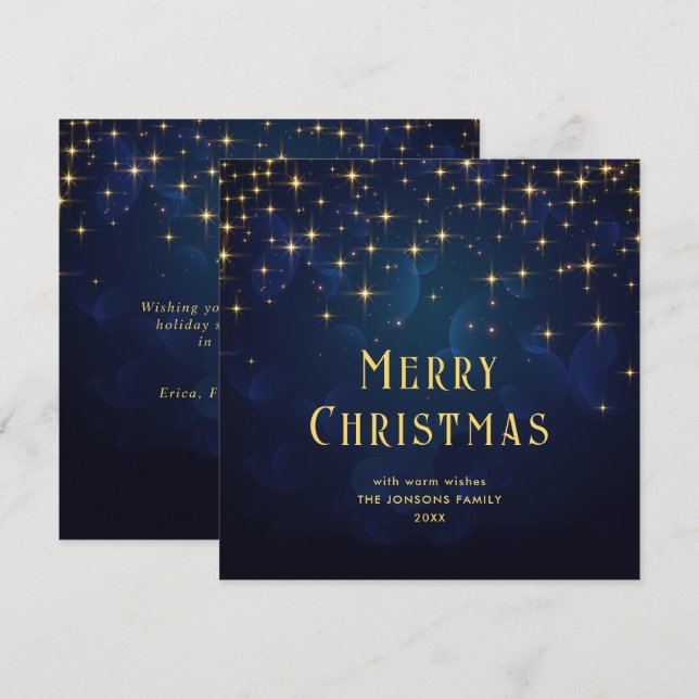 Gold Navy Blue Sparkle Lights Christmas Holiday Card (Front/Back)