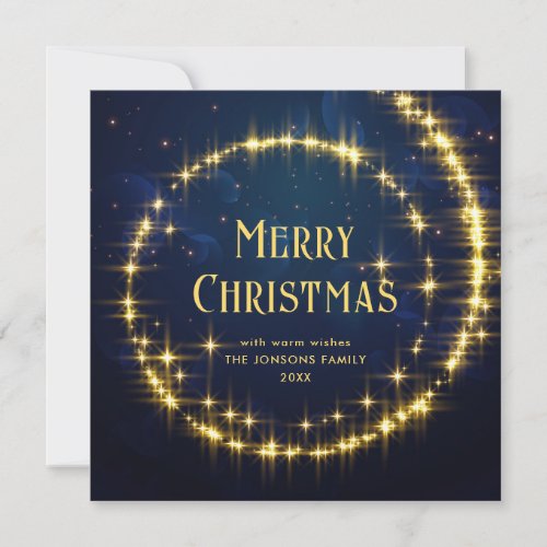 Gold Navy Blue Sparkle Lights Christmas Stars Holiday Card