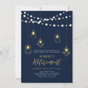 Gold & Navy Blue String Lights Retirement Party Invitation