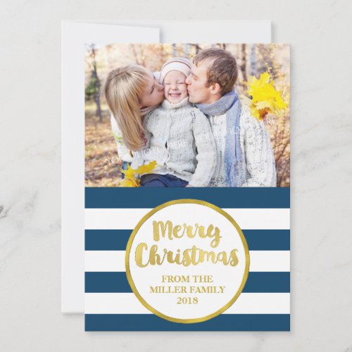 Gold Navy Blue Stripes Merry Christmas Photo Card