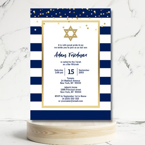 Gold Navy Blue Stripes  Star David  Bar Mitzvah  Invitation