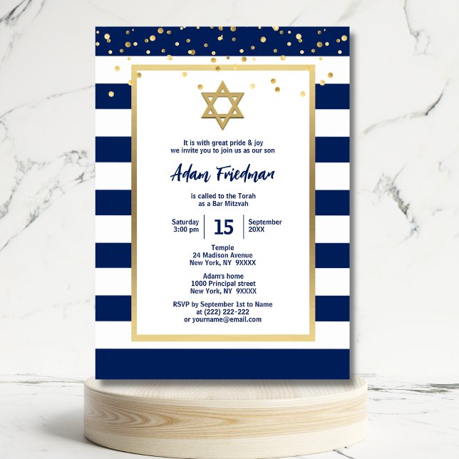 Gold Navy Blue Stripes & Star David | Bar Mitzvah  Invitation (Creator Uploaded)
