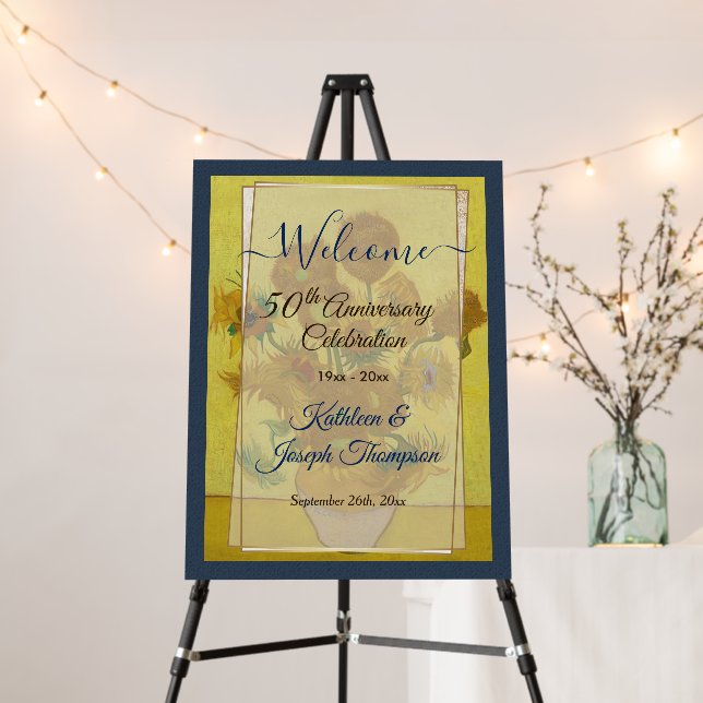 Gold Navy Blue Sunflowers Wedding Anniversary Foam Board (In Situ (Stand))