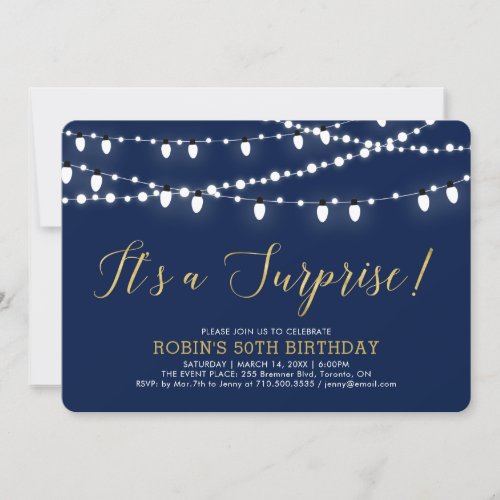 Gold  Navy Blue  Surprise 50th Birthday Party Invitation