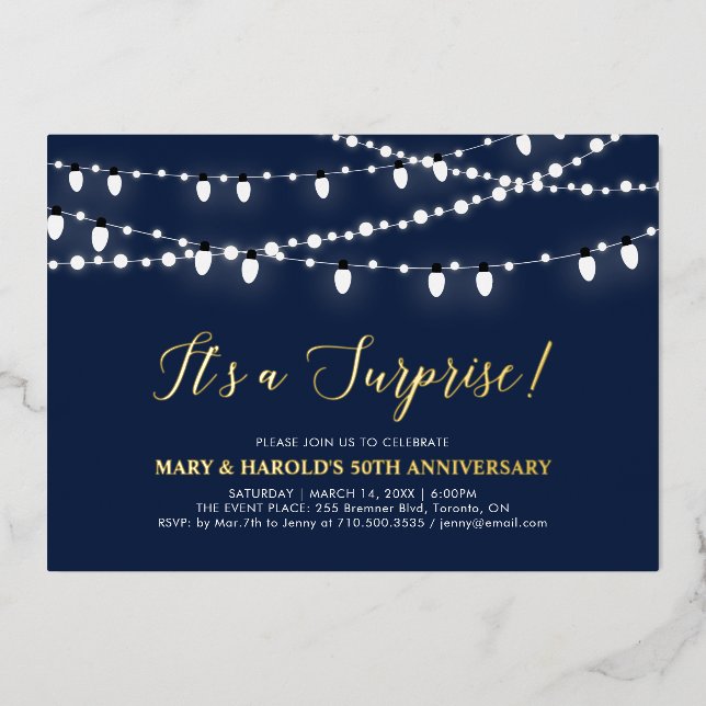 Gold & Navy blue Surprise 50th Wedding Anniversary Foil Invitation (Front)