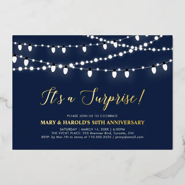 Gold & Navy blue Surprise 50th Wedding Anniversary Foil Invitation | Zazzle