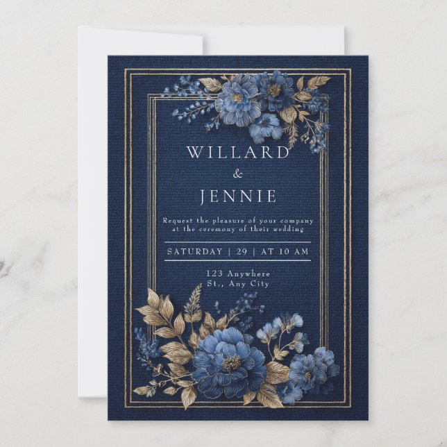 Gold Navy Blue Textured Floral Winter Wedding Invitation (Front)