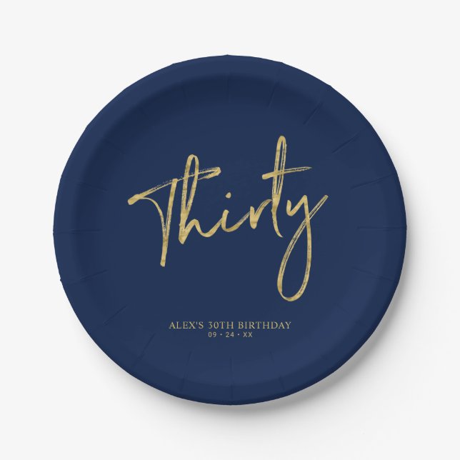 Gold & Navy Blue Thirty Lettering 30th birthday Paper Plates (Front)