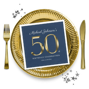 Gold Navy Blue Typography 50th Birthday Party Napkins