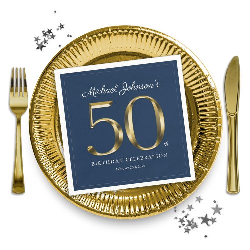 Gold Navy Blue Typography 50th Birthday Party Napkins