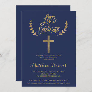 Gold navy blue typography chic confirmation invitation