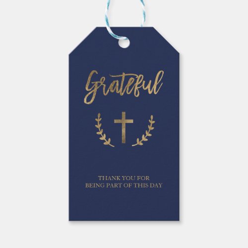 Gold navy blue typography confirmation  grateful gift tags