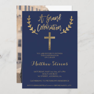 Gold navy blue typography photo confirmation invitation