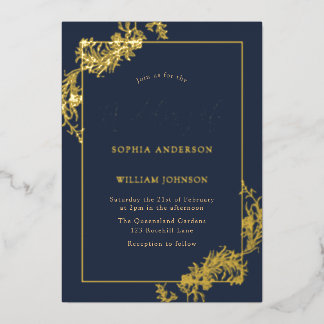 Gold Navy Blue Vintage Frame Wedding Real  Foil Invitation