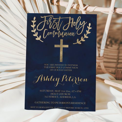 Gold navy blue watercolor  First Holy Communion Invitation