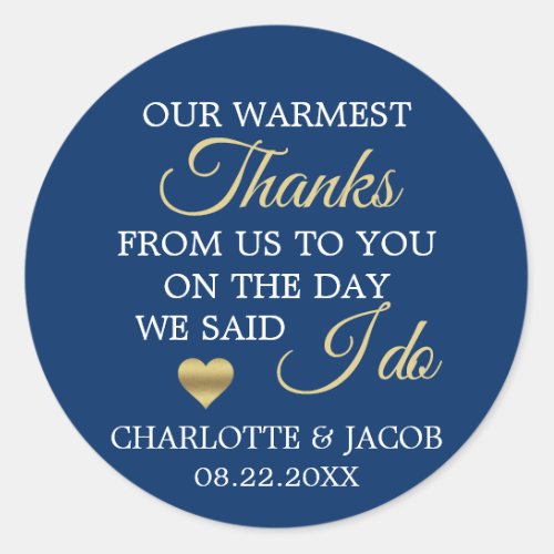 GOLD Navy Blue Wedding Heart Warmest Thanks Classic Round Sticker