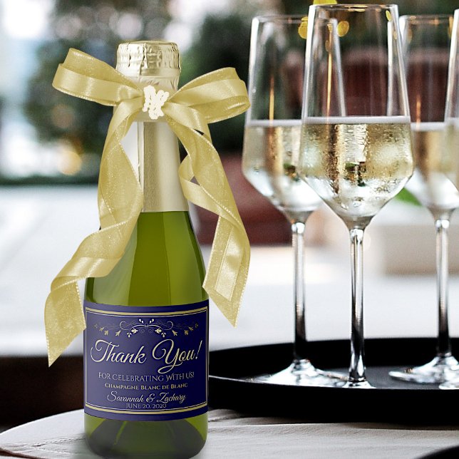 Gold & Navy Blue Wedding Mini Sparkling Wine Label (Creator Uploaded)