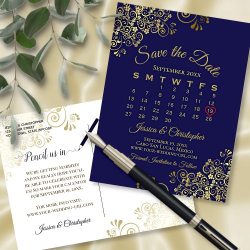 Gold  Navy Blue Wedding Save the Date Calendar Announcement Postcard