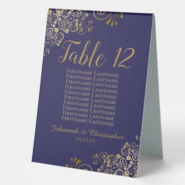 Gold Navy Blue Wedding Table Number Seating Chart Table Tent (Front)